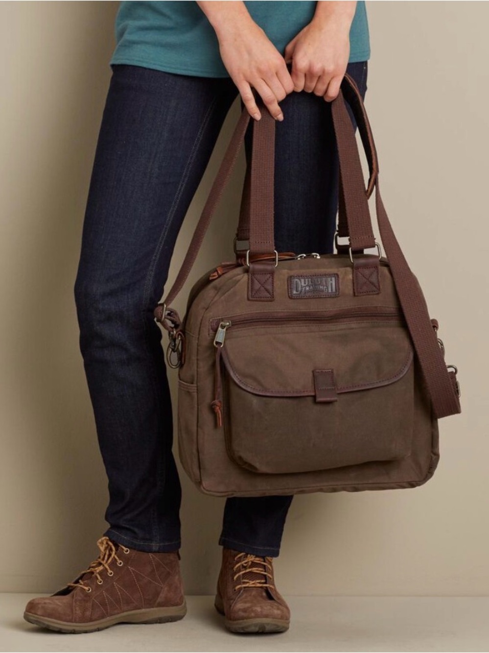 Duluth Trading Co Brown Canvas Messenger Bag with Dark Brown Straps